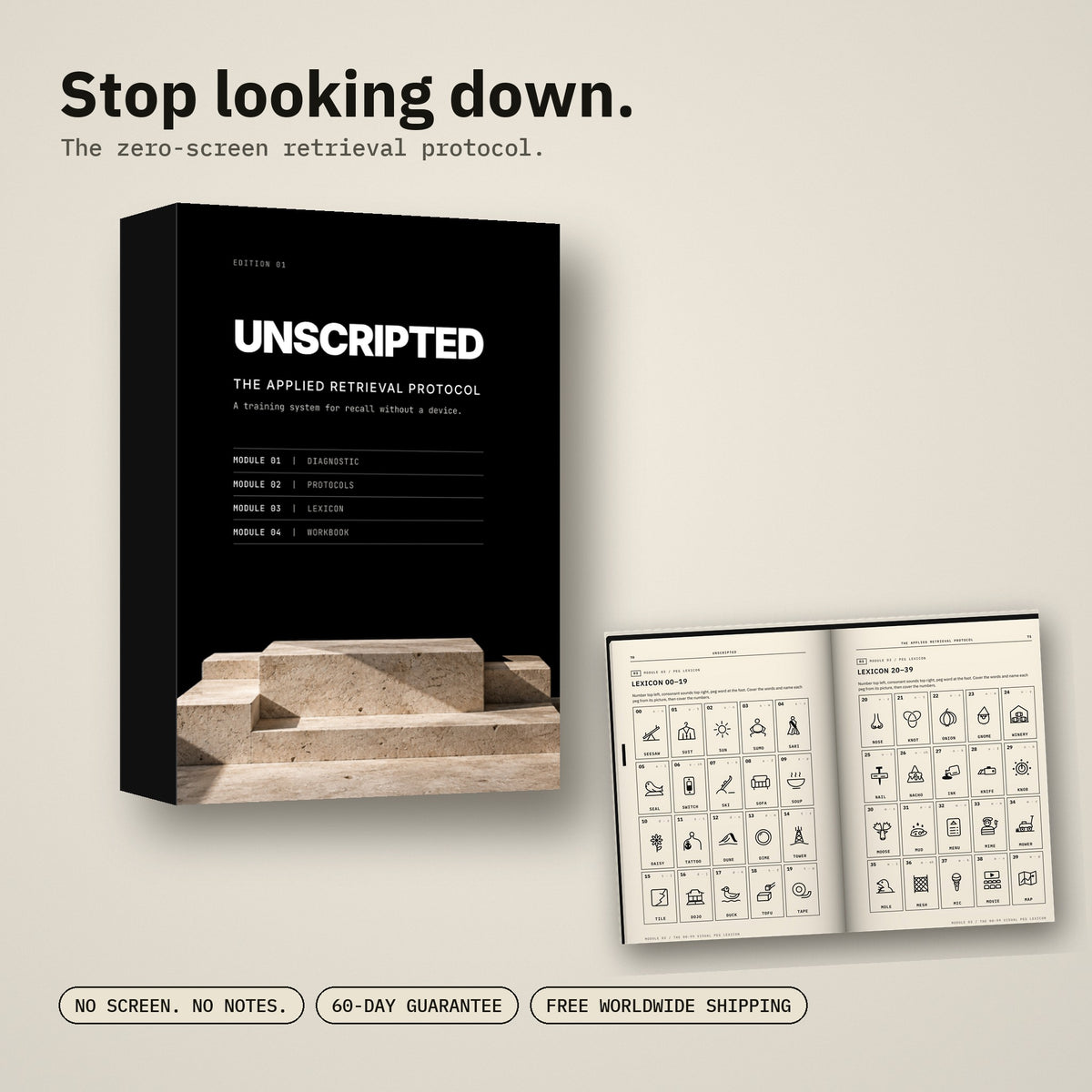 UNSCRIPTED: The Applied Retrieval Protocol, a black A5 manual beside an open page spread