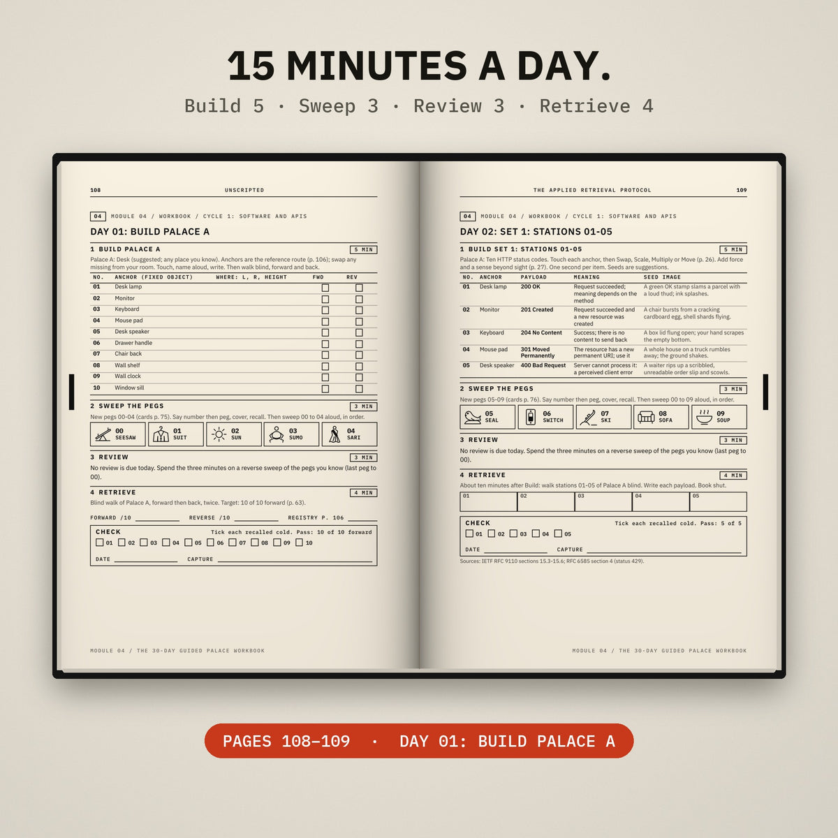 UNSCRIPTED workbook pages 108 and 109: Day 01, build Palace A, and Day 02